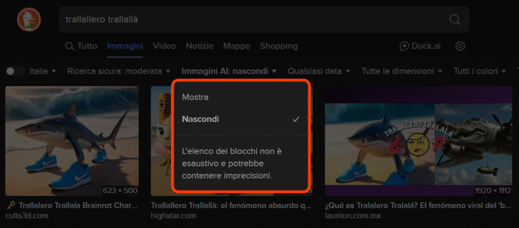 DuckDuckGo ha introdotto un filtro che promette di eliminare le immagini potenzialmente generate con AI all'interno dei risultati di ricerca, attivbile all'interno dei risultati di ricerca