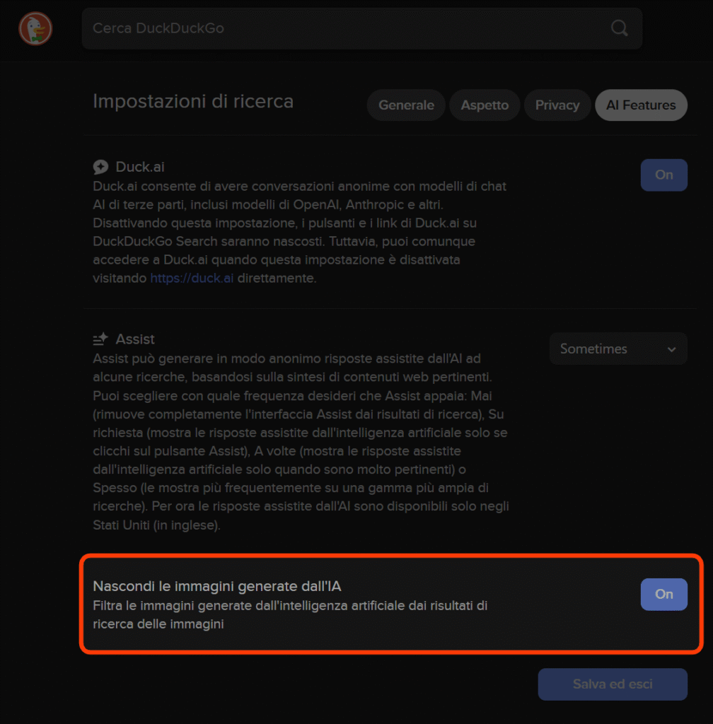 DuckDuckGo ha introdotto un filtro che promette di eliminare le immagini potenzialmente generate con AI all'interno dei risultati di ricerca, attivbile all'interno delle impostazioni generali del motore di ricerca.